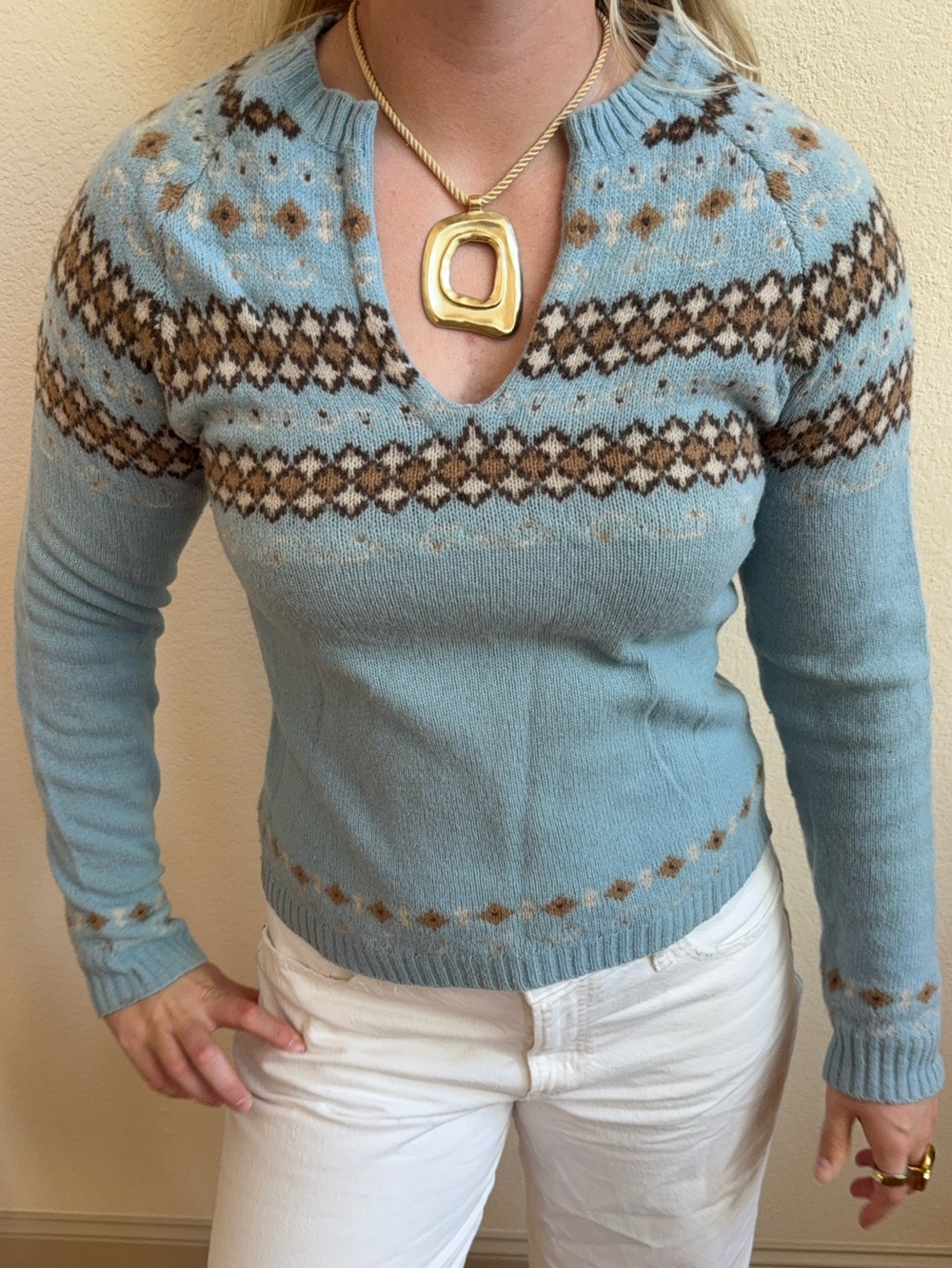 Y2k Old Navy blue and brown patterned fair isle sweater